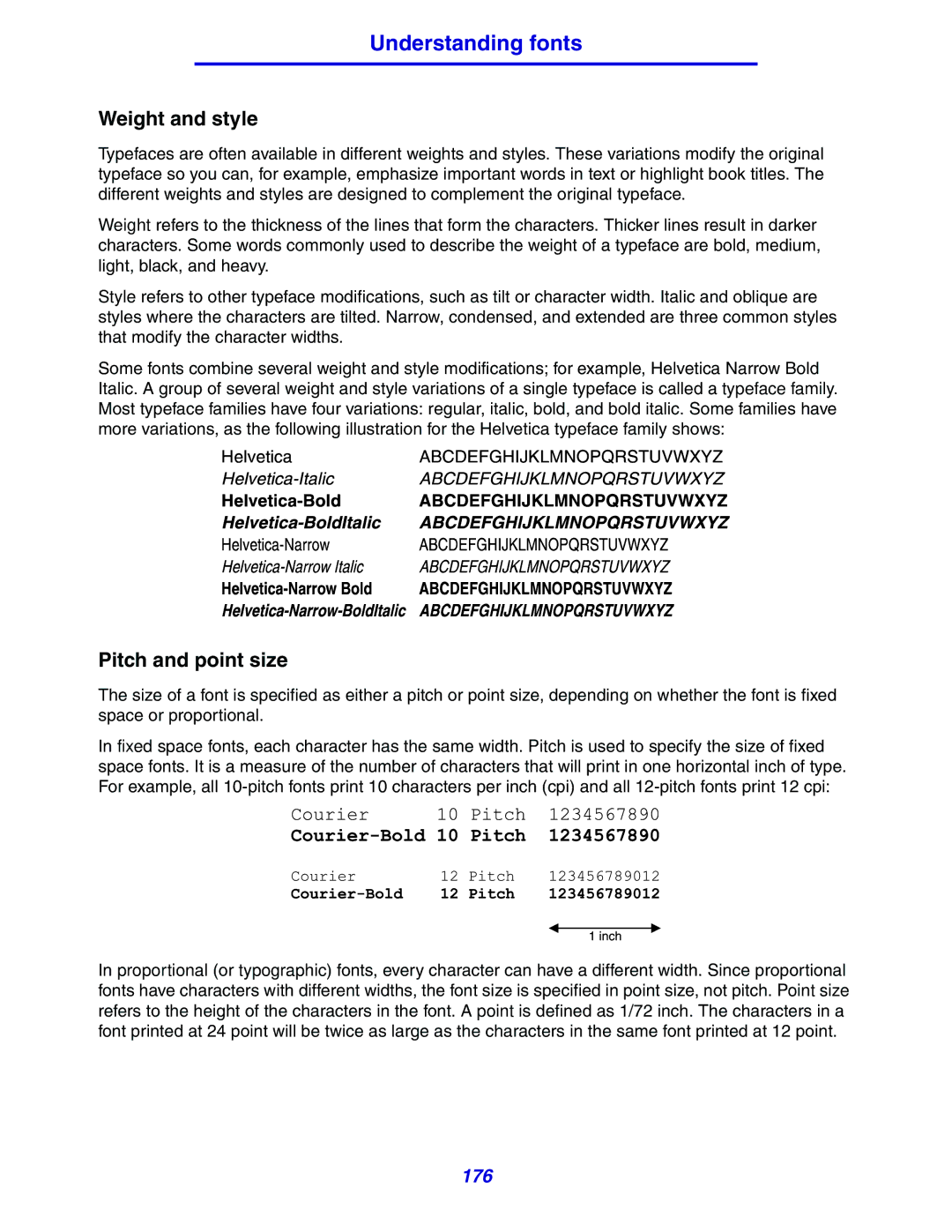 Lexmark 630 manual Understanding fonts, Weight and style, Pitch and point size 