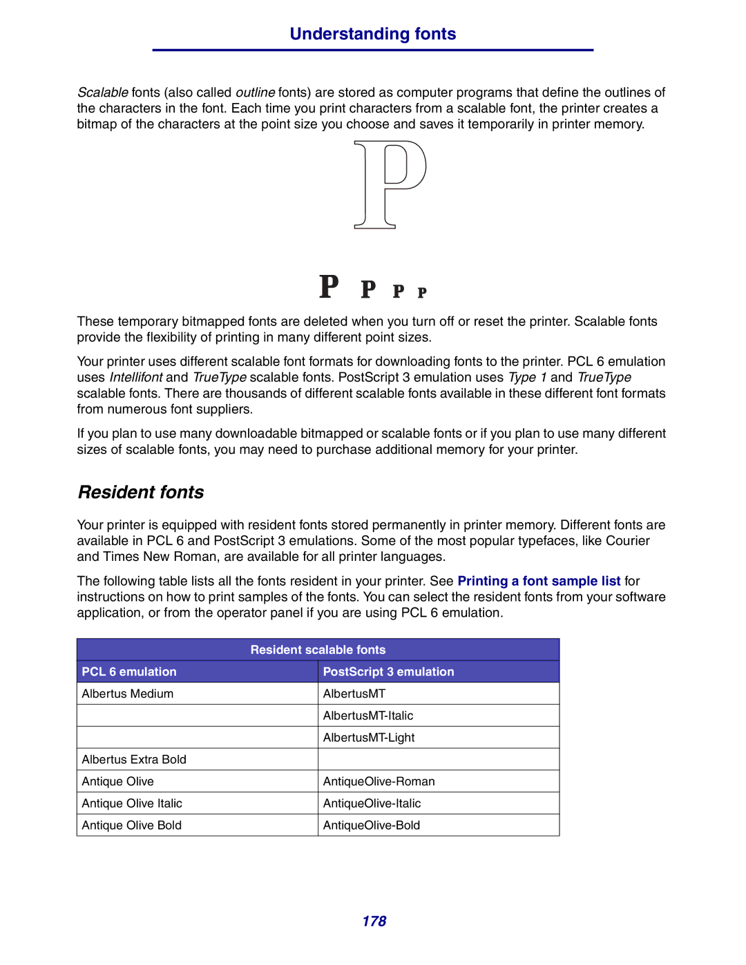 Lexmark 630 manual Resident fonts, PCL 6 emulation PostScript 3 emulation 