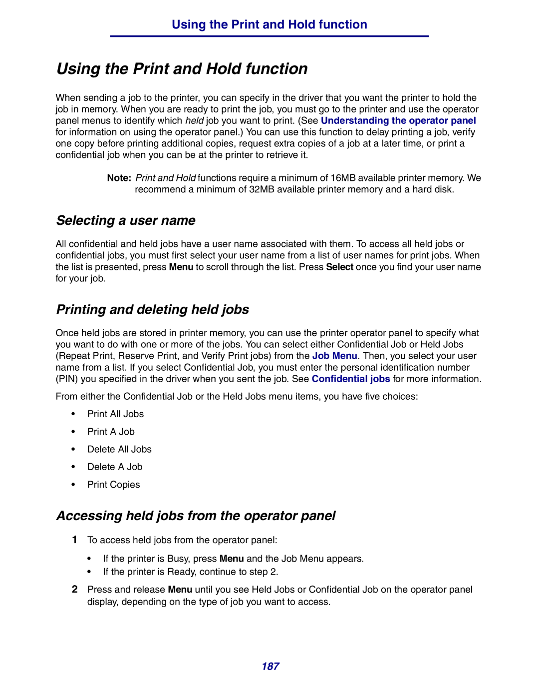 Lexmark 630 manual Using the Print and Hold function, Selecting a user name, Printing and deleting held jobs 