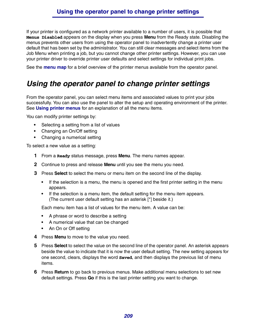 Lexmark 630 manual Using the operator panel to change printer settings 