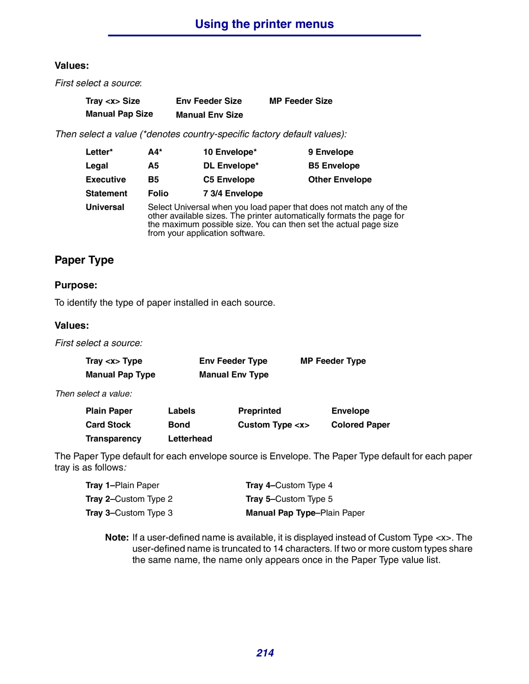 Lexmark 630 manual Paper Type, Tray x Size Env Feeder Size, Manual Pap Size Manual Env Size, Transparency Letterhead 