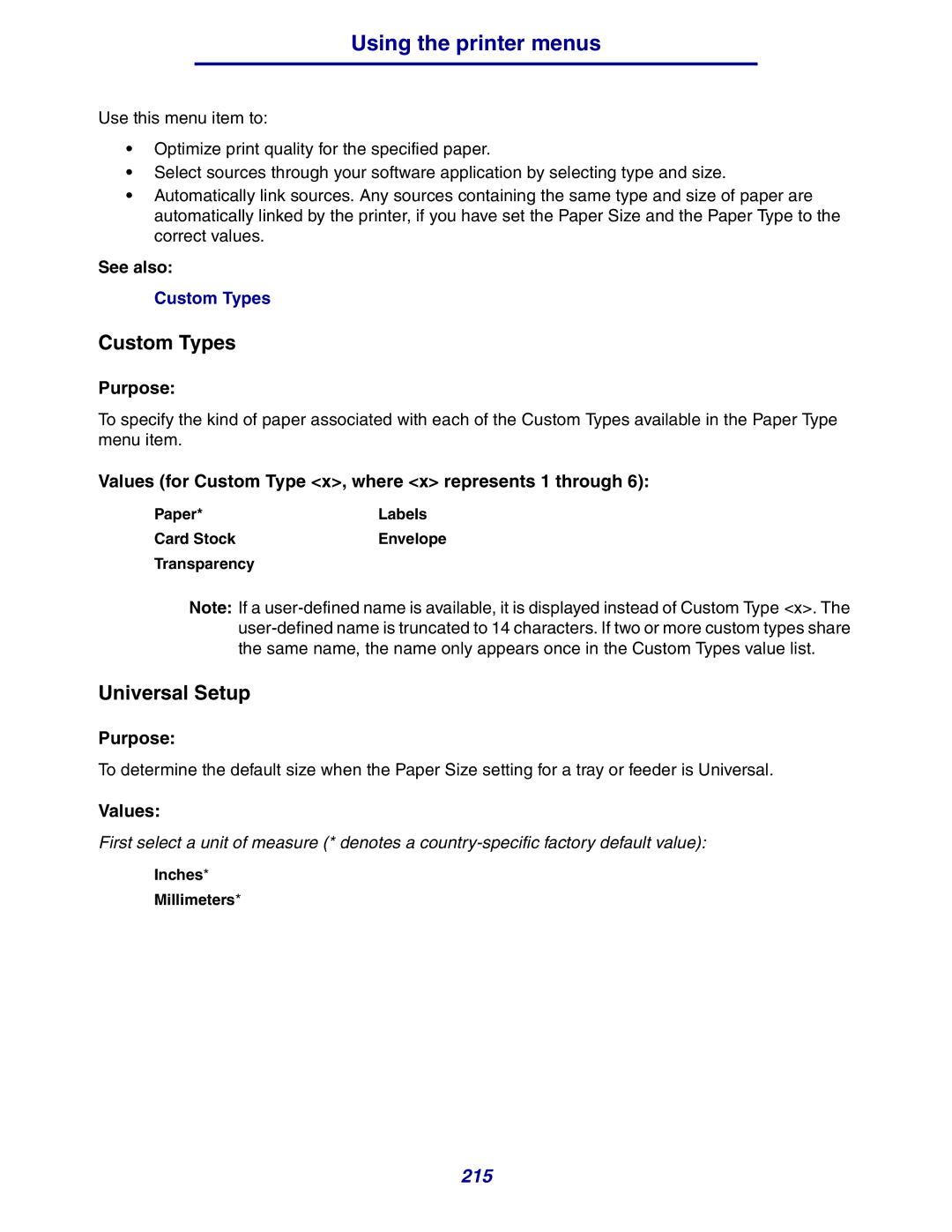 Lexmark 630 manual Custom Types, Universal Setup, Paper Labels Card Stock Envelope Transparency, Inches Millimeters 