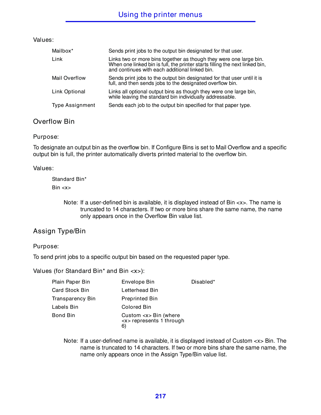 Lexmark 630 manual Overflow Bin, Assign Type/Bin 