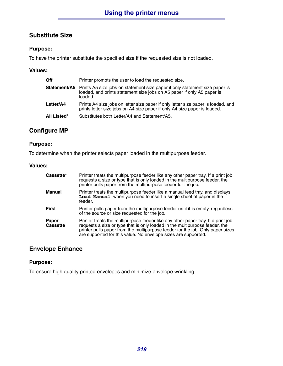 Lexmark 630 manual Substitute Size, Configure MP, Envelope Enhance 