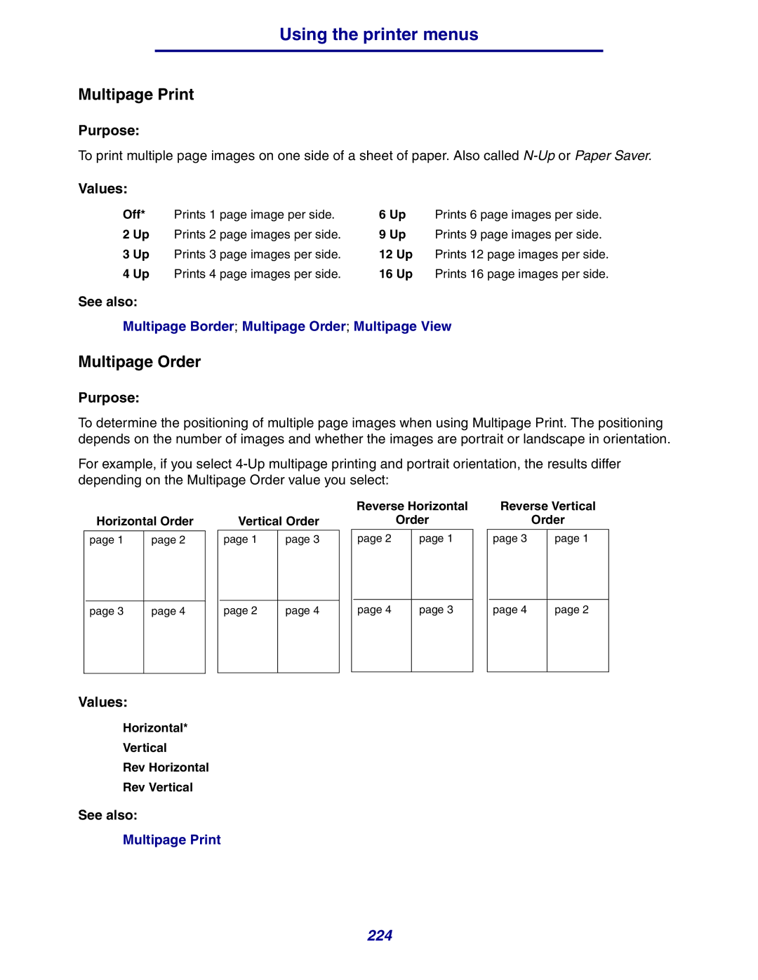 Lexmark 630 manual Multipage Print, Multipage Order, Horizontal Vertical Rev Horizontal Rev Vertical 