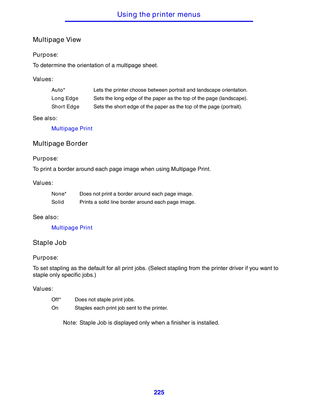 Lexmark 630 manual Multipage View, Multipage Border, Staple Job 