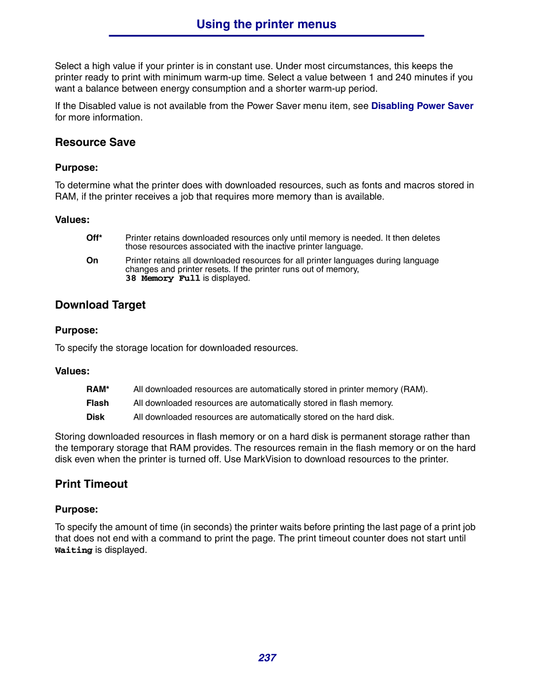 Lexmark 630 manual Resource Save, Download Target, Print Timeout 