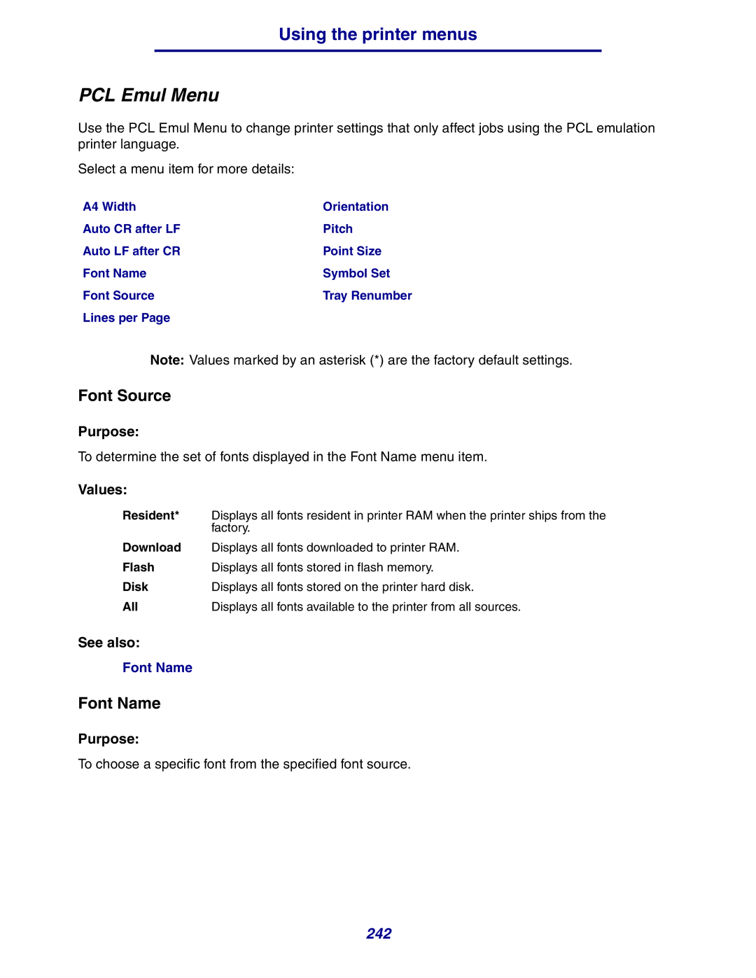 Lexmark 630 manual PCL Emul Menu, Font Source, Font Name, Lines per 