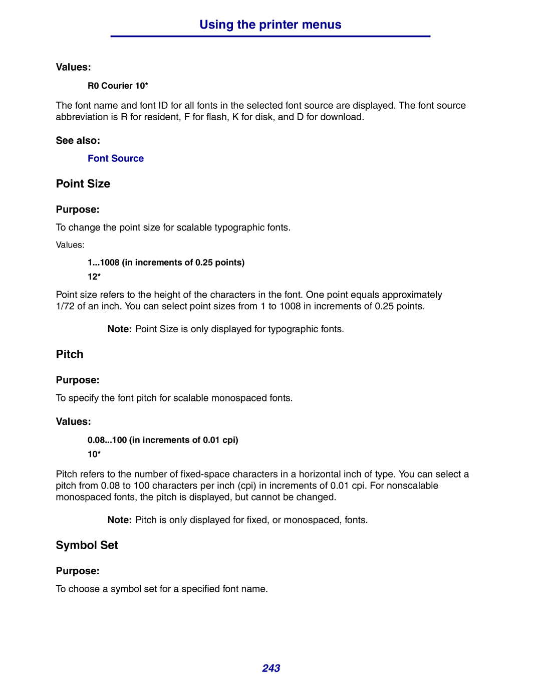 Lexmark 630 manual Point Size, Pitch, Symbol Set 