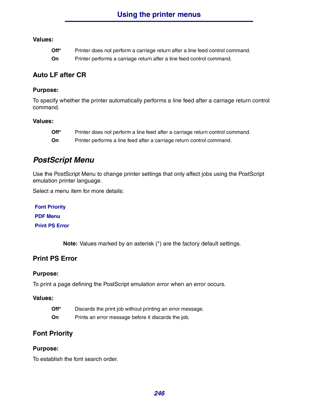 Lexmark 630 manual PostScript Menu, Auto LF after CR, Font Priority Print PS Error 