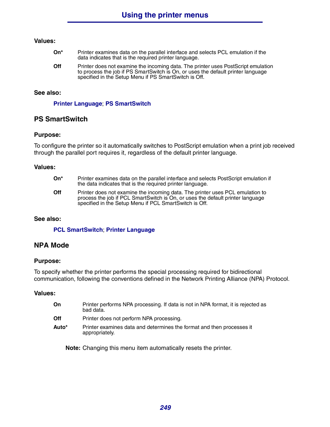 Lexmark 630 manual PS SmartSwitch, NPA Mode 