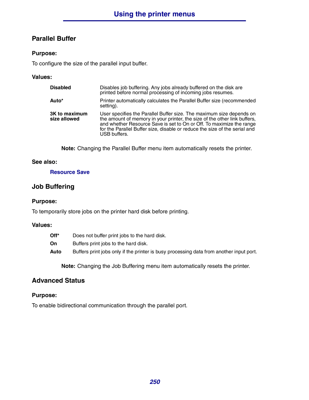 Lexmark 630 manual Parallel Buffer, Job Buffering, Advanced Status, 3K to maximum, Size allowed 