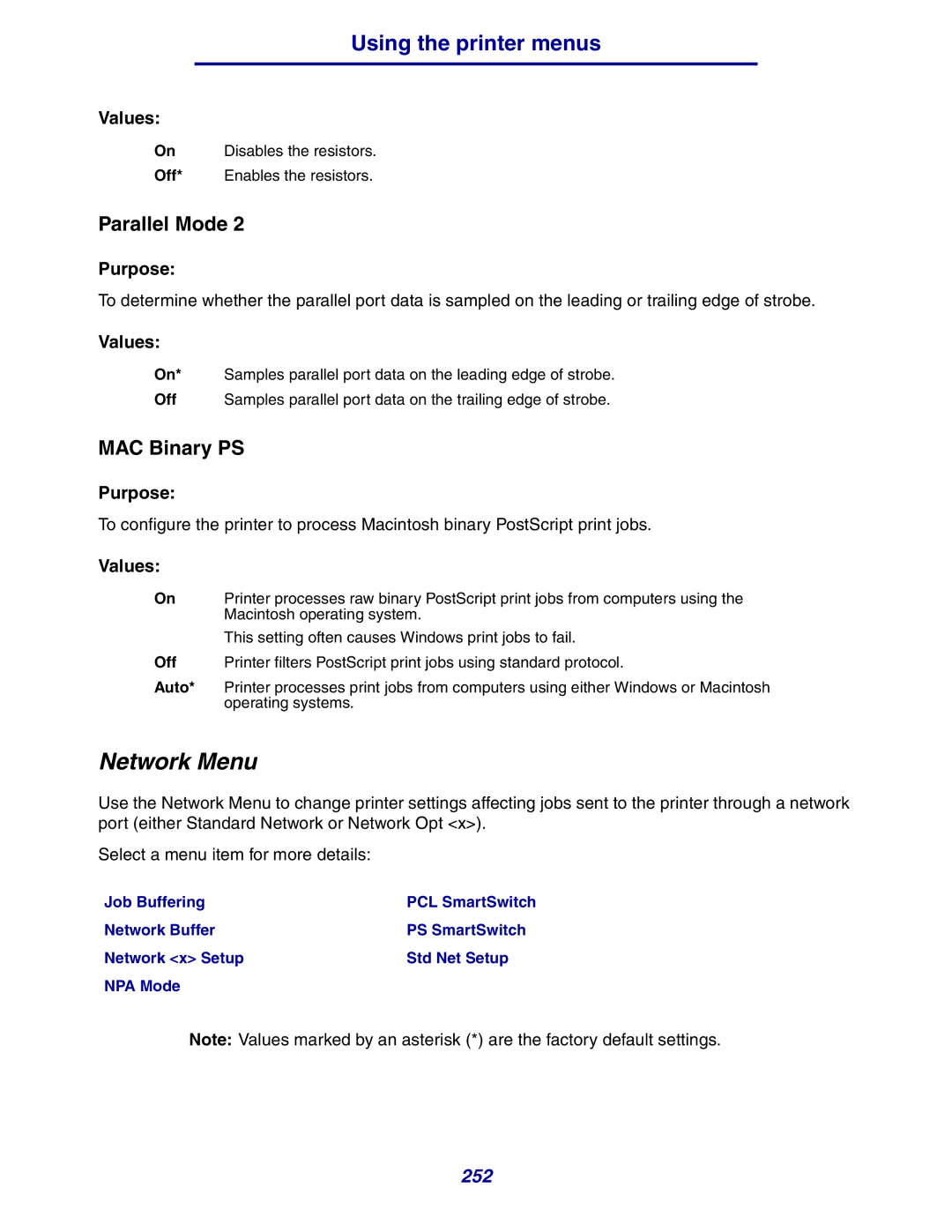 Lexmark 630 manual Network Menu, MAC Binary PS 