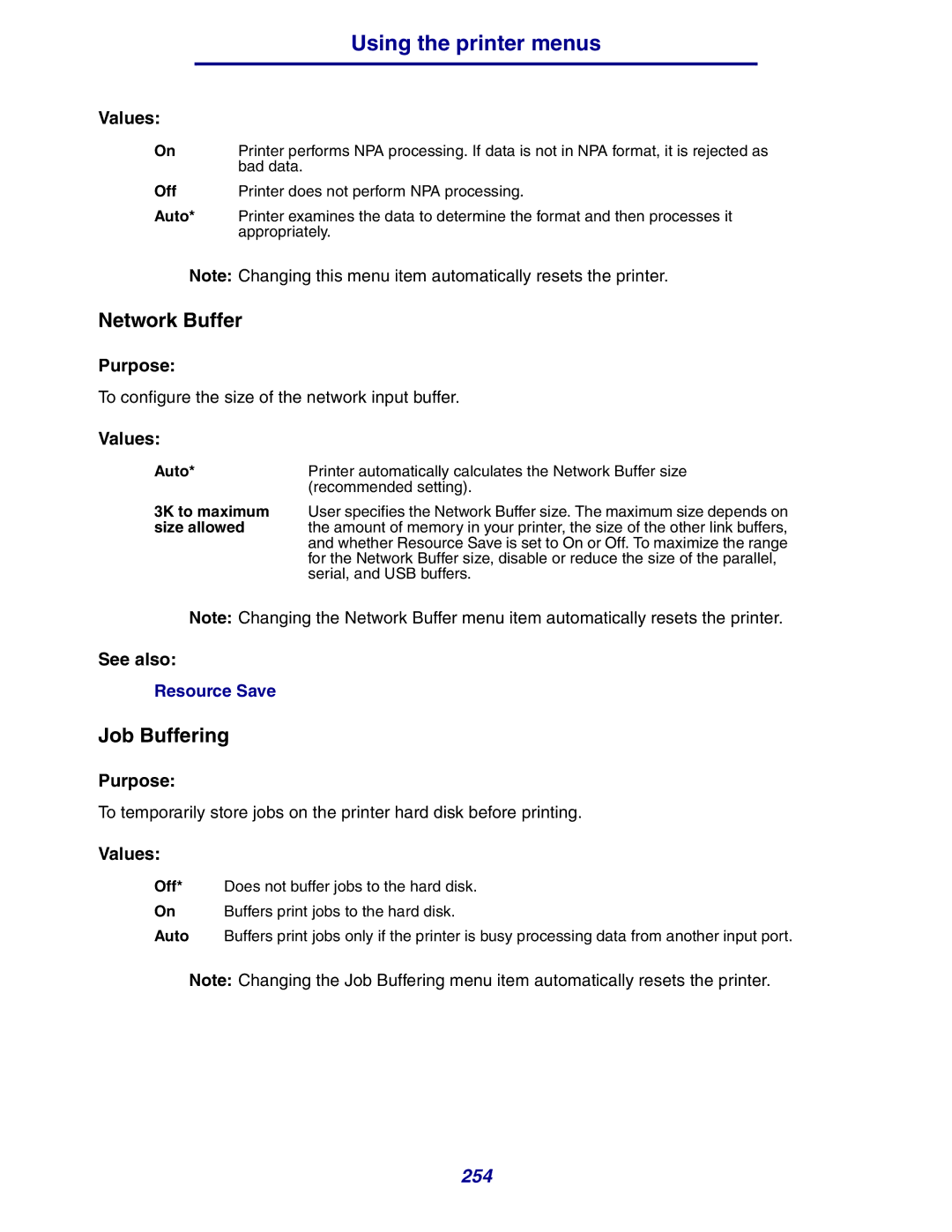 Lexmark 630 manual Network Buffer, Off 