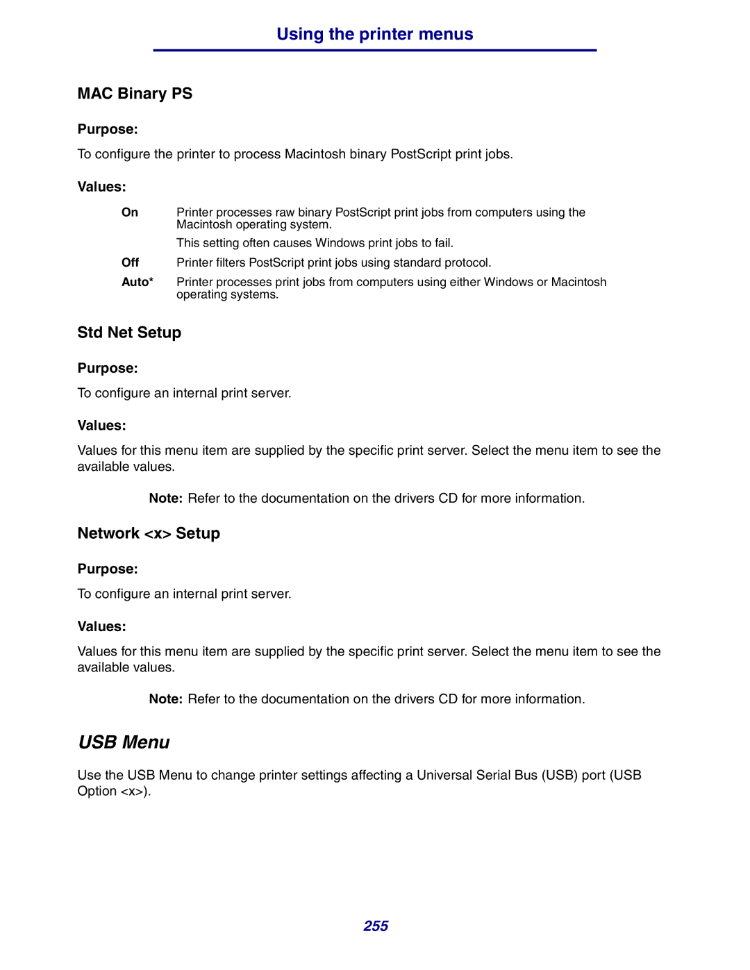 Lexmark 630 manual USB Menu, Std Net Setup, Network x Setup 