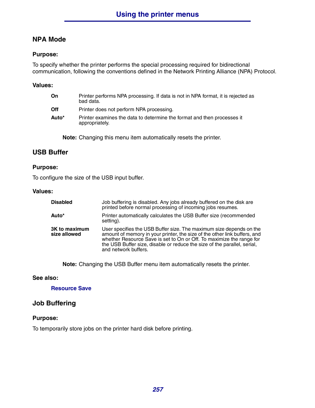 Lexmark 630 manual NPA Mode, USB Buffer 