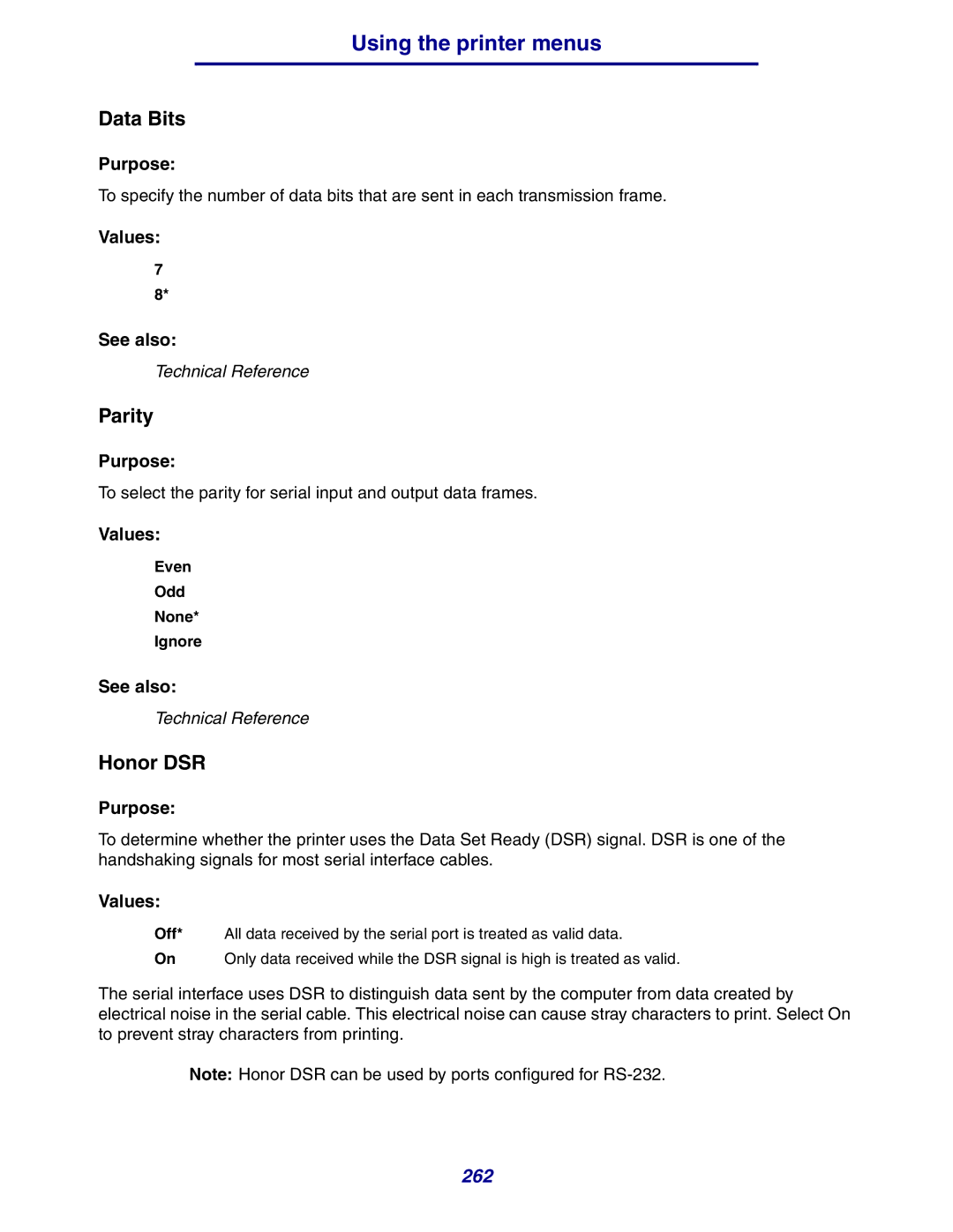 Lexmark 630 manual Data Bits, Parity, Honor DSR, Even Odd None Ignore 