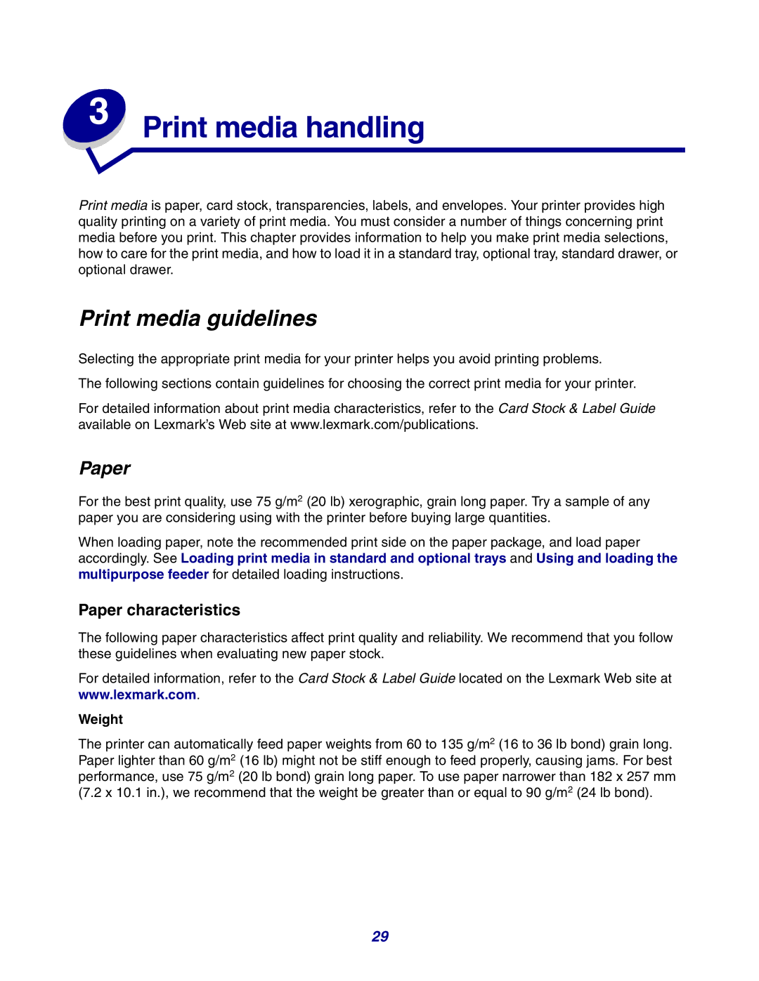 Lexmark 630 manual Print media guidelines, Paper characteristics 