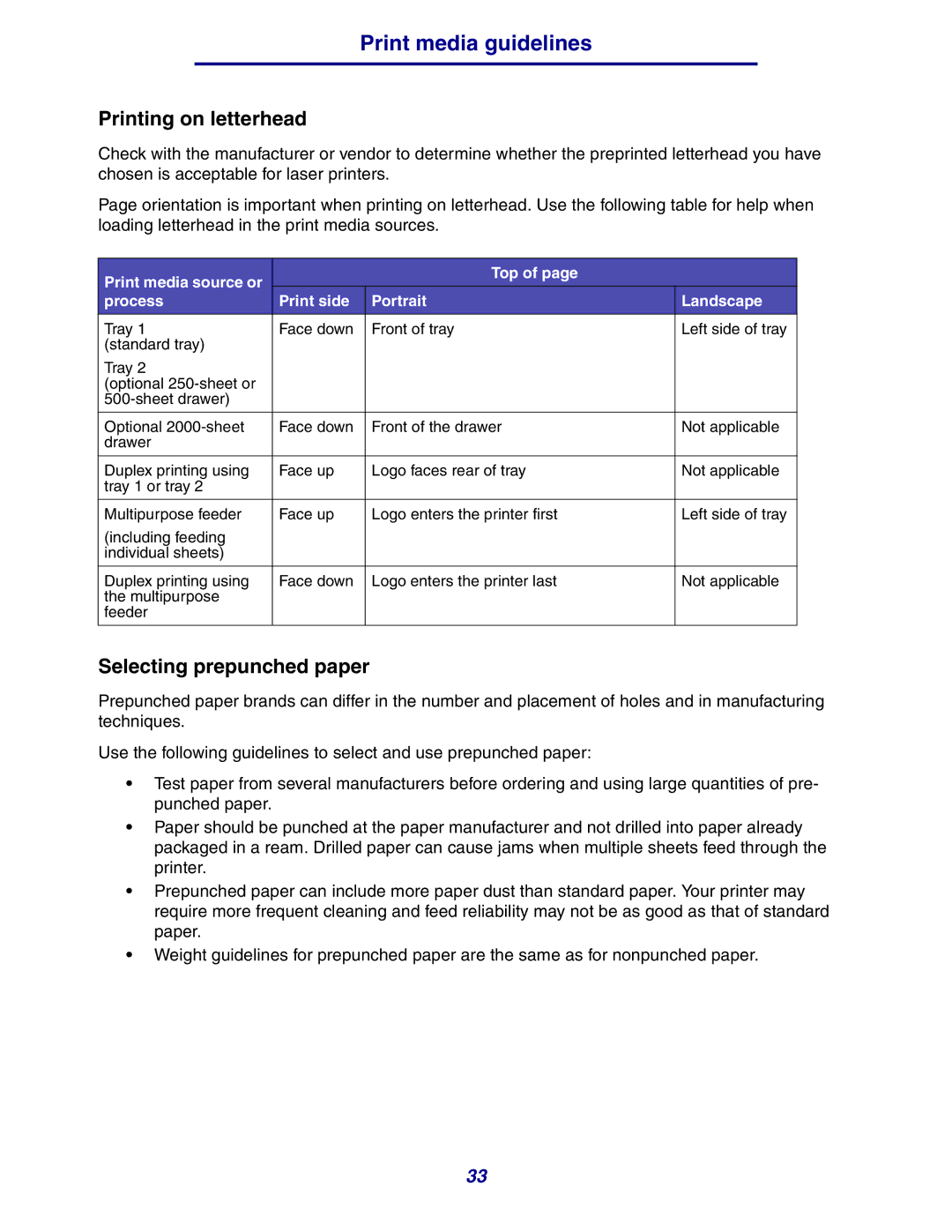 Lexmark 630 manual Printing on letterhead, Selecting prepunched paper 