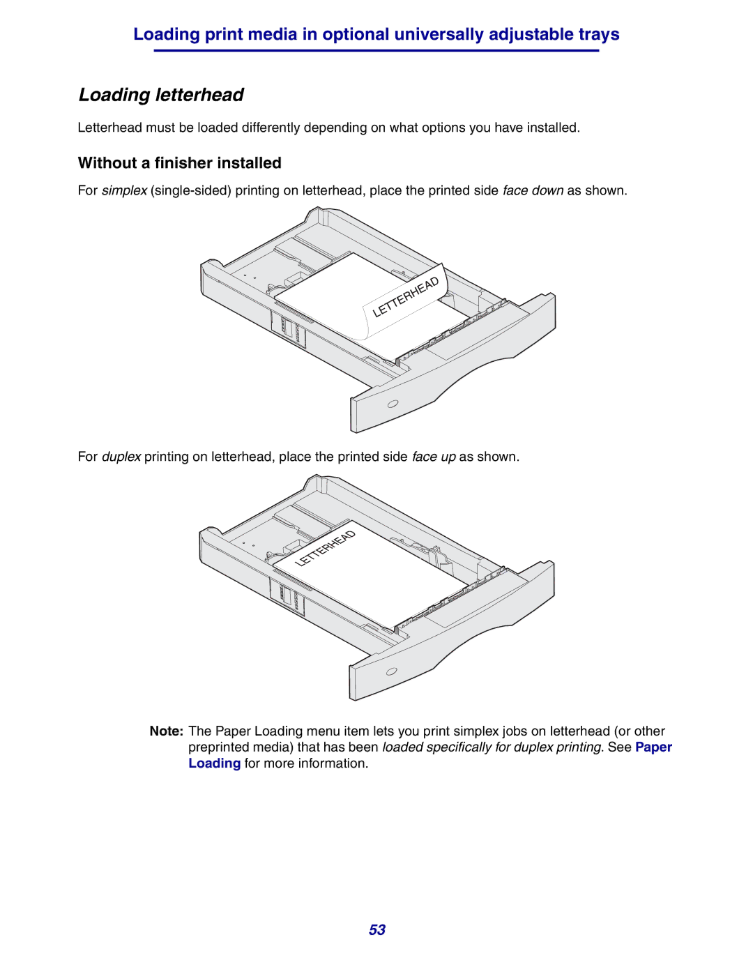 Lexmark 630 manual Loading letterhead, Without a finisher installed 