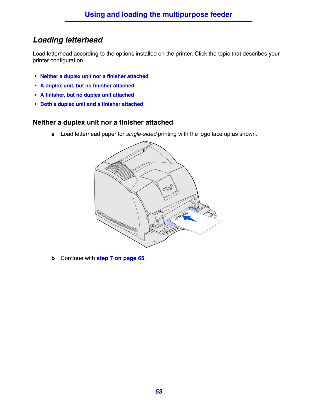 Lexmark 630 manual Loading letterhead, Neither a duplex unit nor a finisher attached 