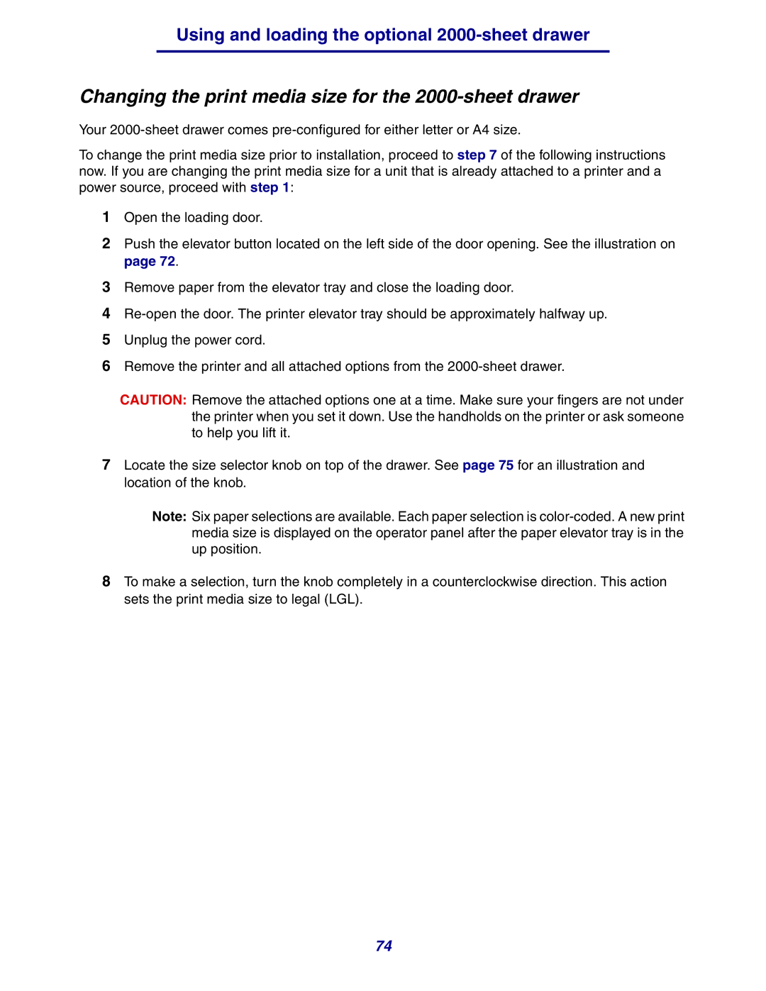 Lexmark 630 manual Changing the print media size for the 2000-sheet drawer 