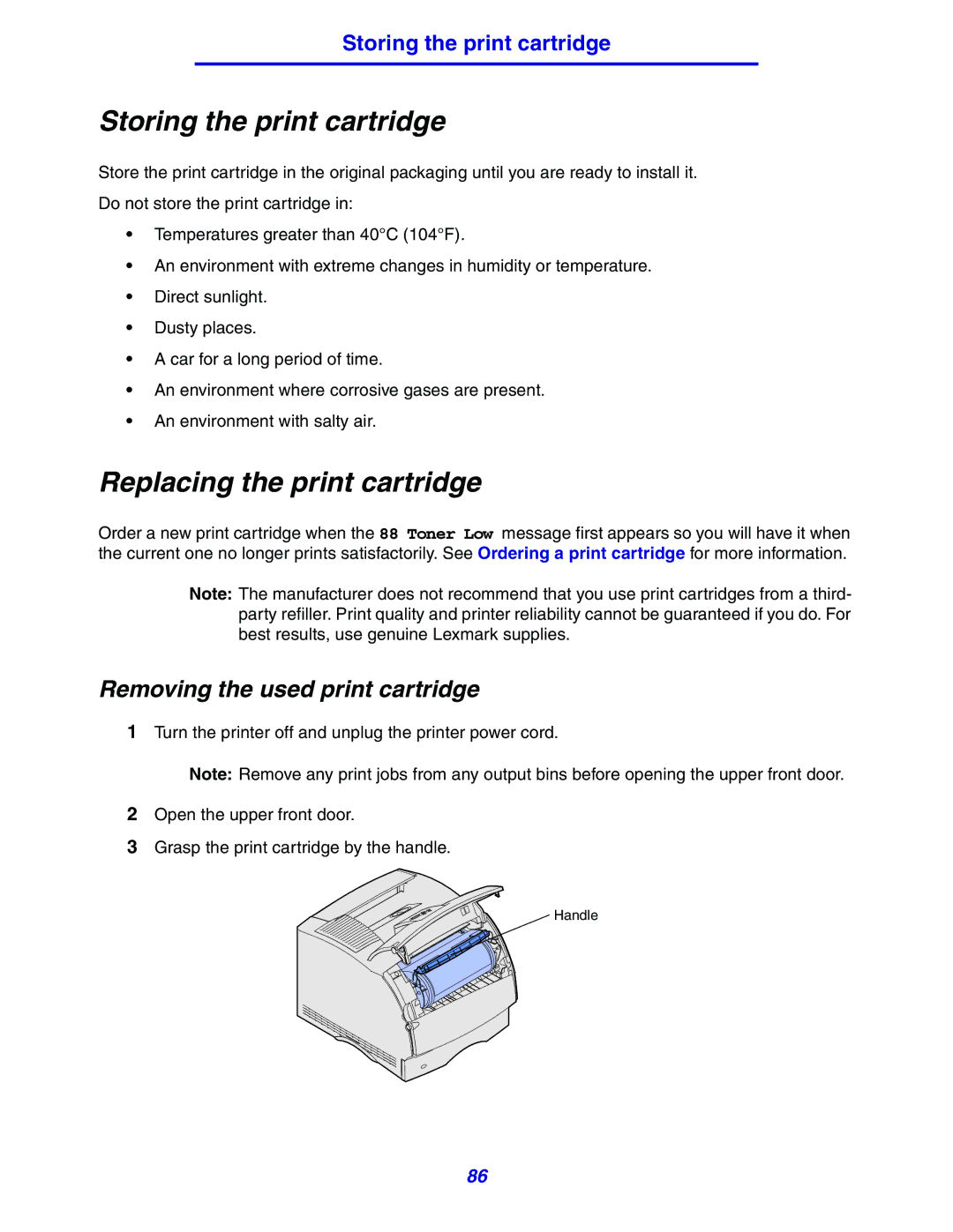 Lexmark 630 manual Storing the print cartridge, Replacing the print cartridge, Removing the used print cartridge 