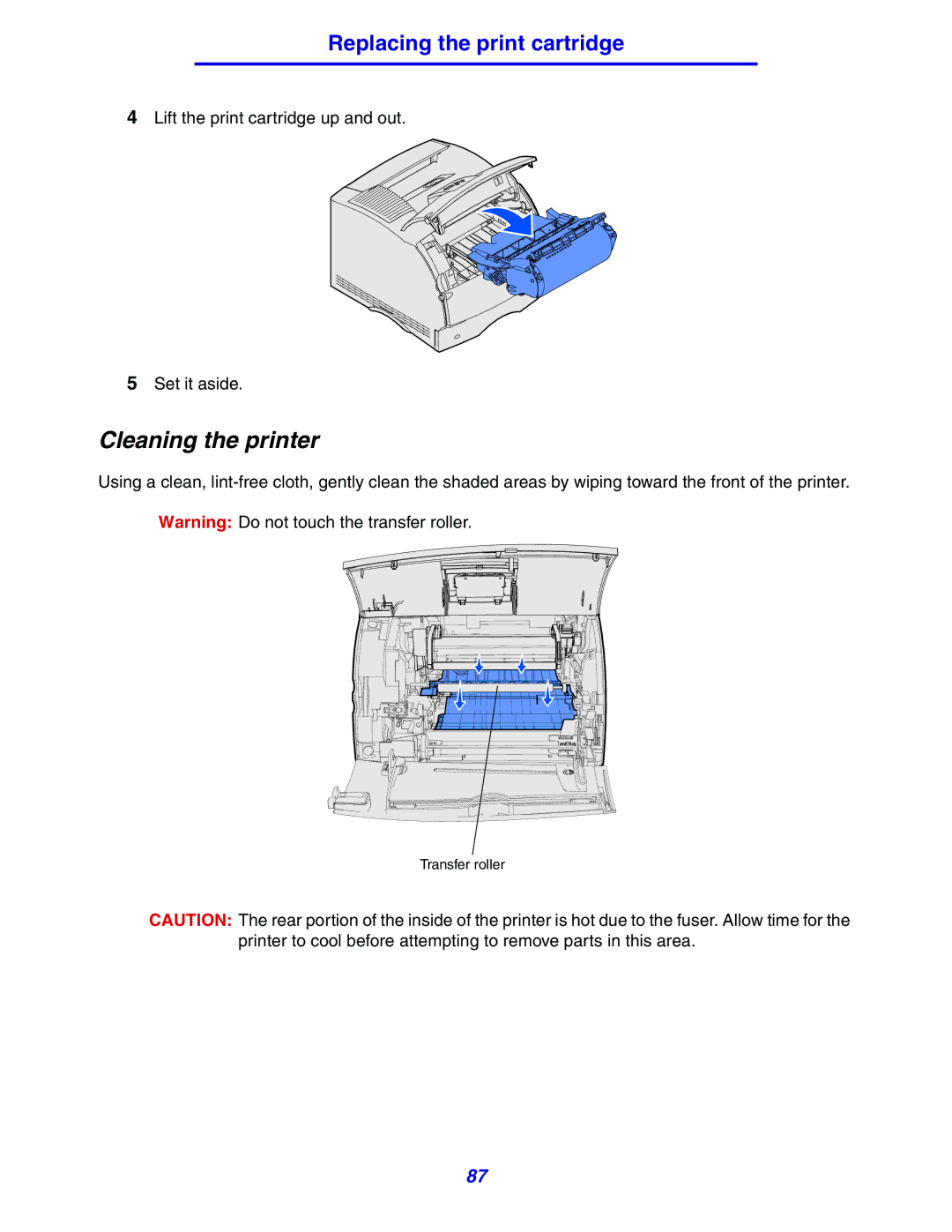 Lexmark 630 manual Cleaning the printer, Replacing the print cartridge 