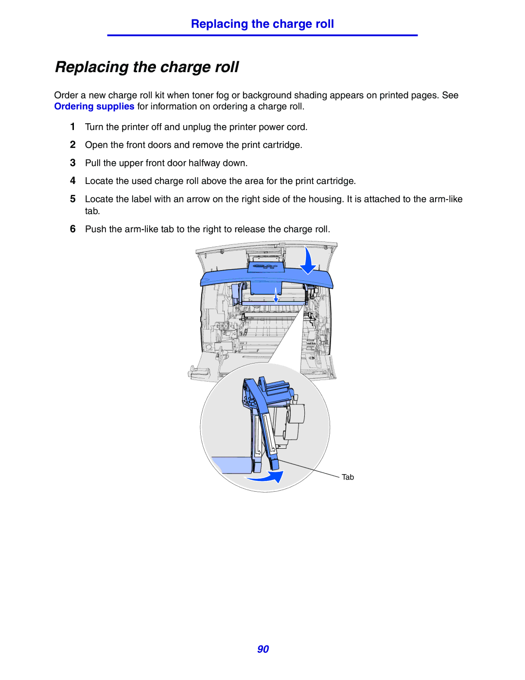 Lexmark 630 manual Replacing the charge roll 