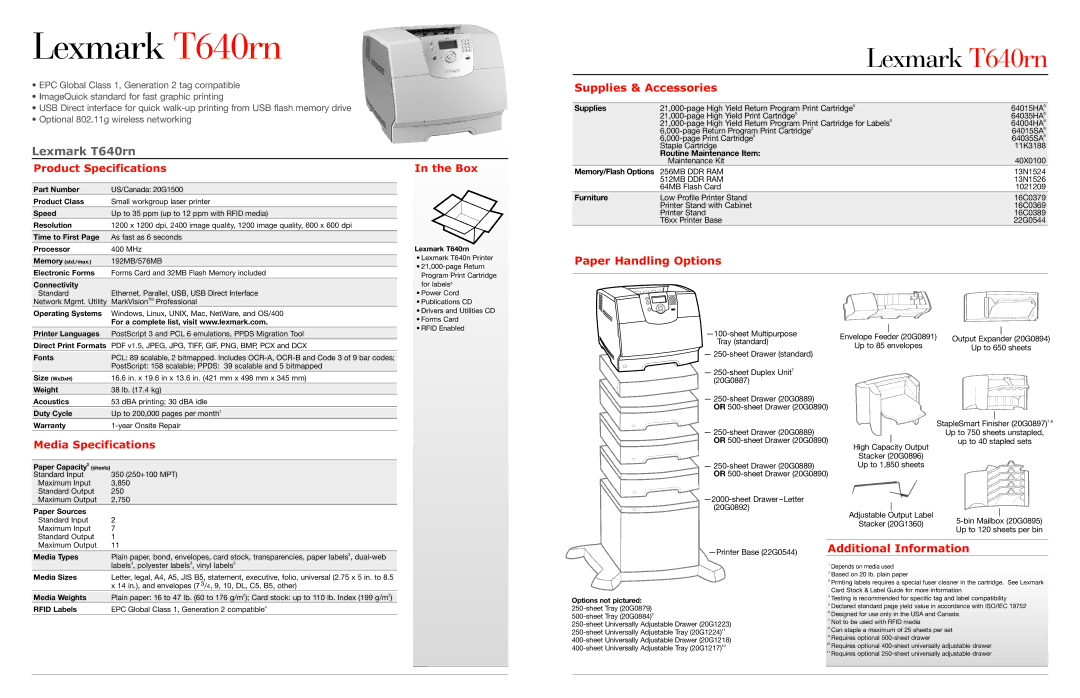 Lexmark 640rn manual Supplies & Accessories, Paper Handling Options, Additional Information 