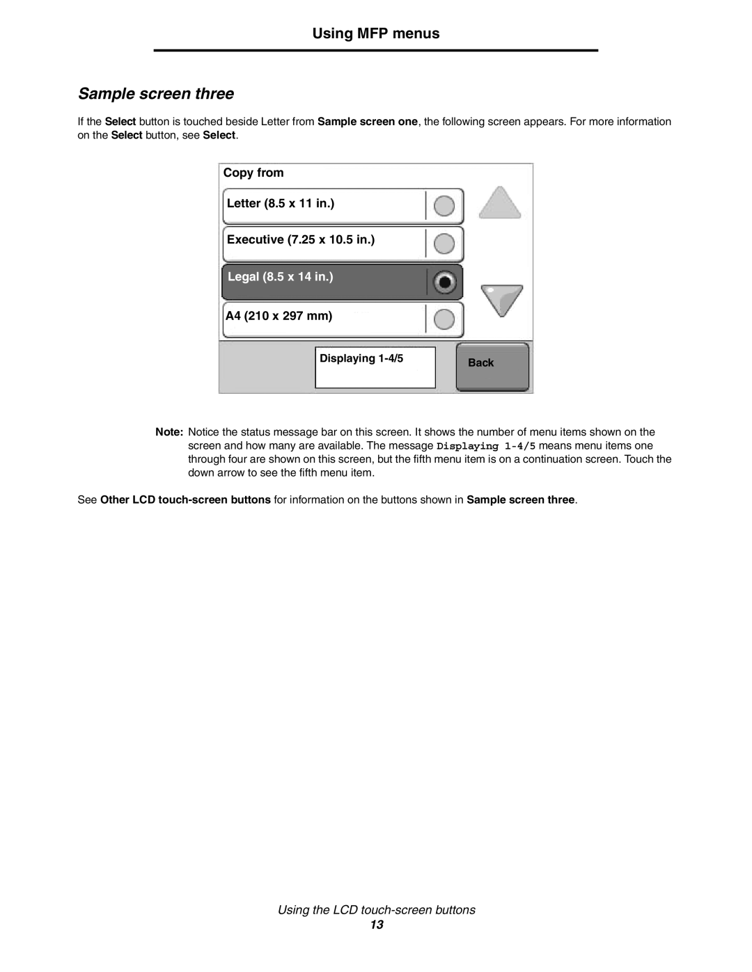 Lexmark 642e MFP manual Sample screen three, Displaying 1-4/5 