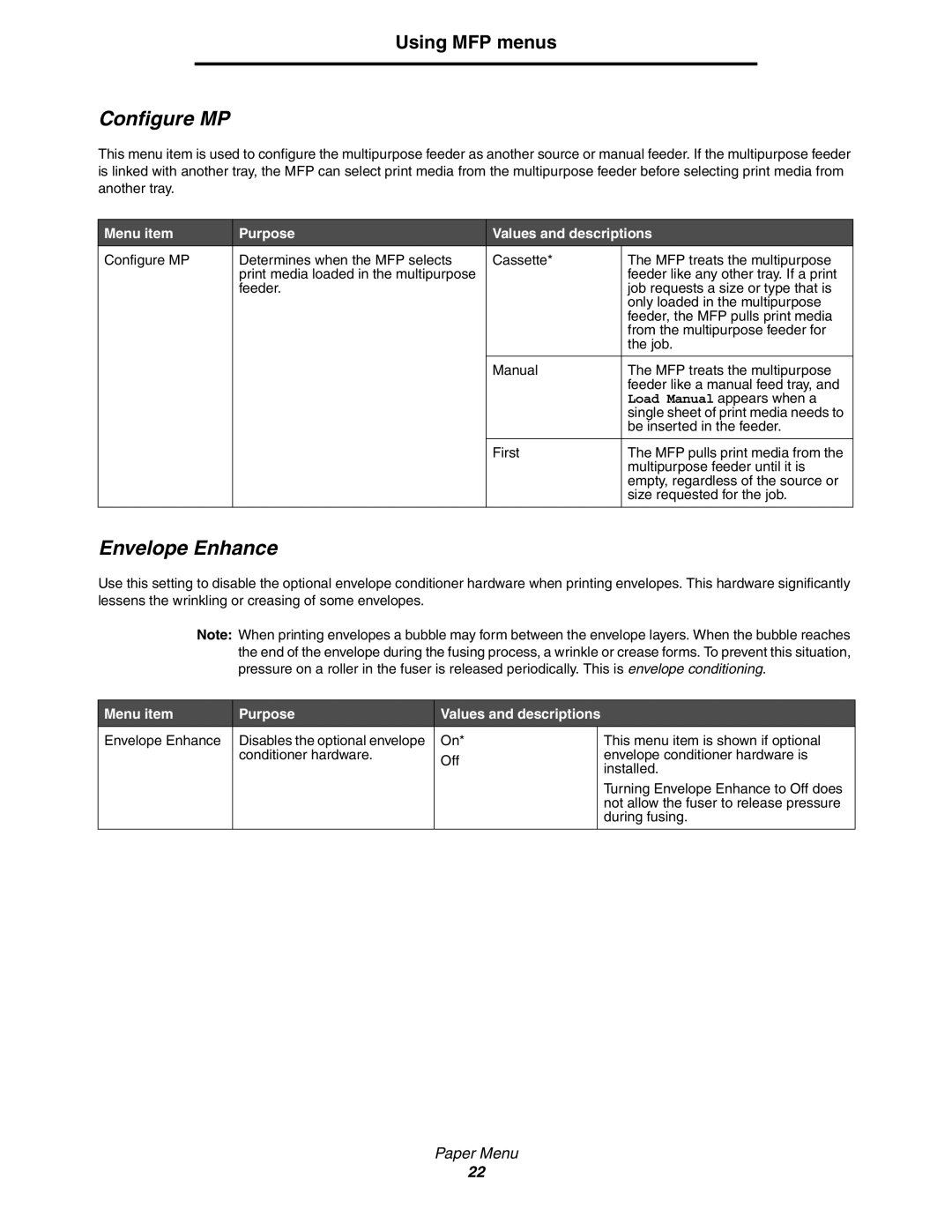 Lexmark 642e MFP manual Configure MP, Envelope Enhance 