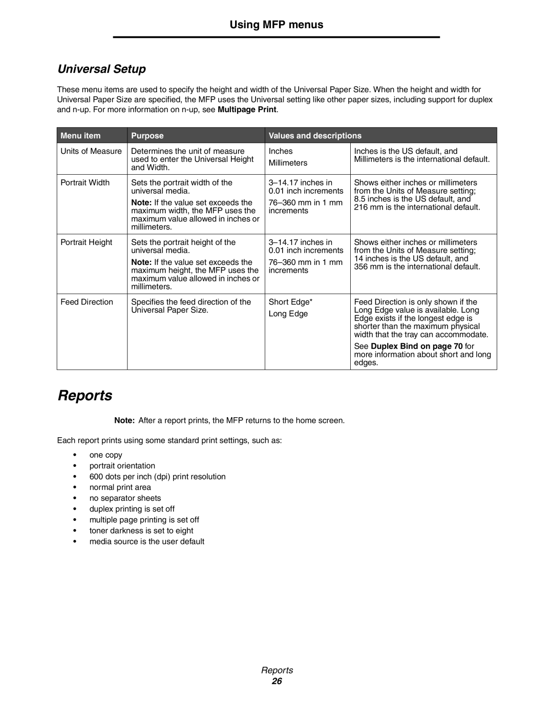 Lexmark 642e MFP manual Reports, Universal Setup, See Duplex Bind on page 70 for 