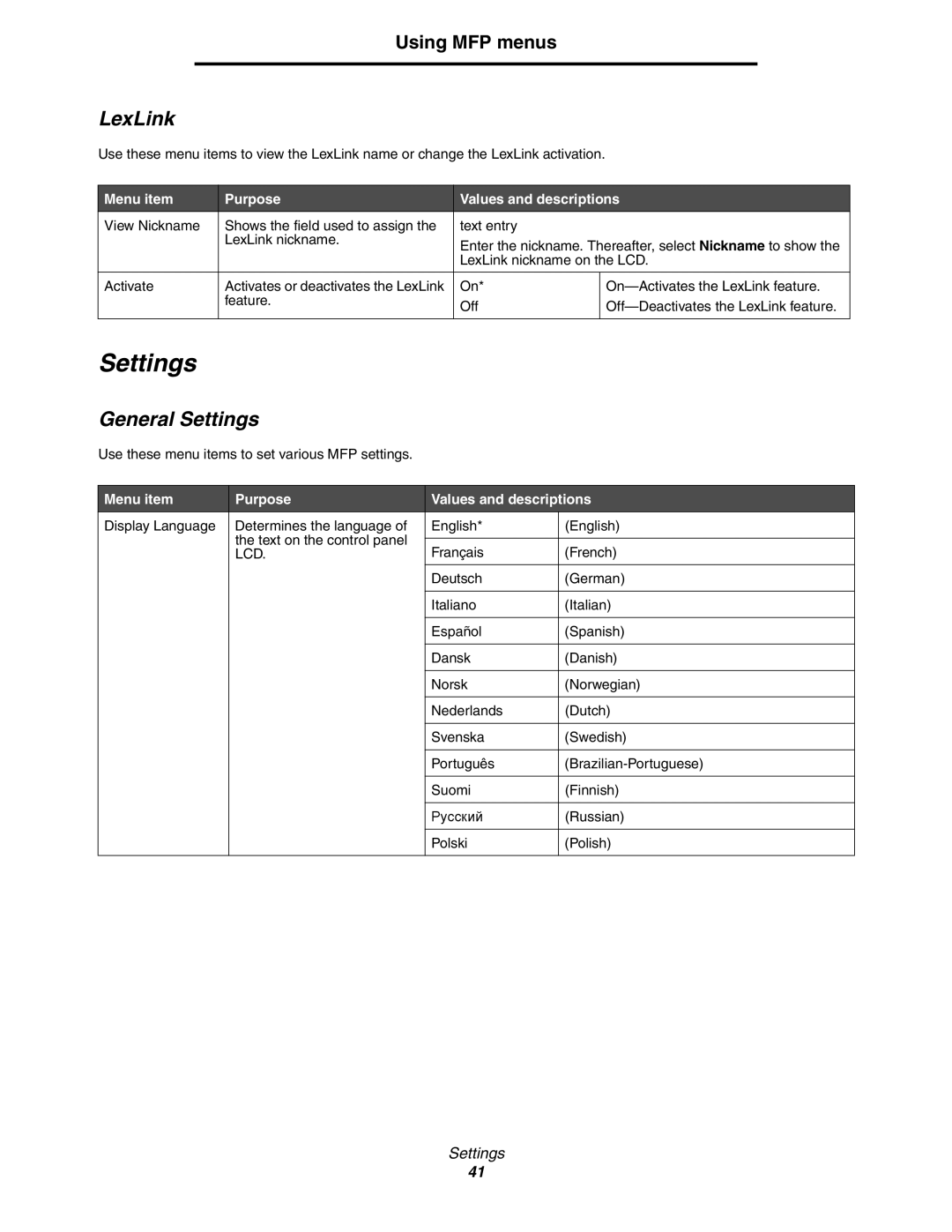 Lexmark 642e MFP manual LexLink, General Settings 