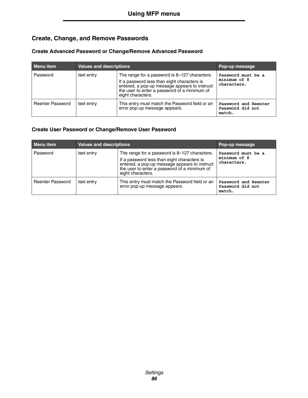 Lexmark 642e MFP manual Using MFP menus Create, Change, and Remove Passwords 