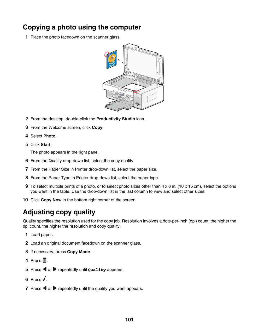 Lexmark 6500 Series manual Copying a photo using the computer, Adjusting copy quality, 101 