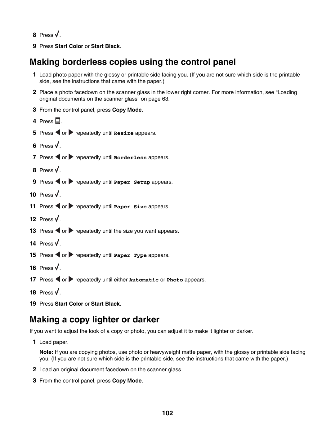 Lexmark 6500 Series manual Making borderless copies using the control panel, Making a copy lighter or darker, 102 