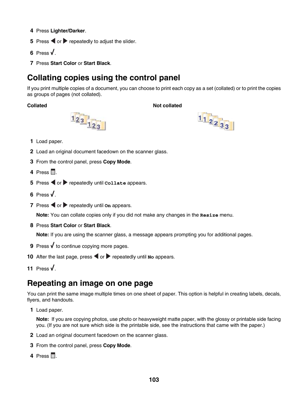 Lexmark 6500 Series manual Collating copies using the control panel, Repeating an image on one, 103, Press Lighter/Darker 