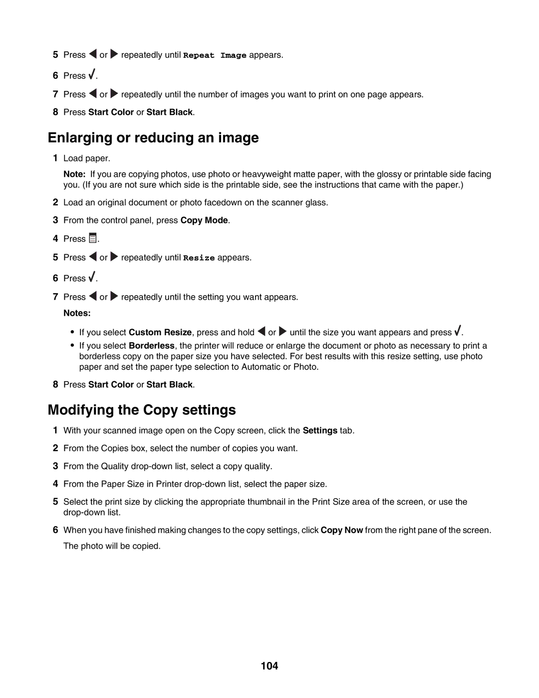 Lexmark 6500 Series manual Enlarging or reducing an image, Modifying the Copy settings, 104 