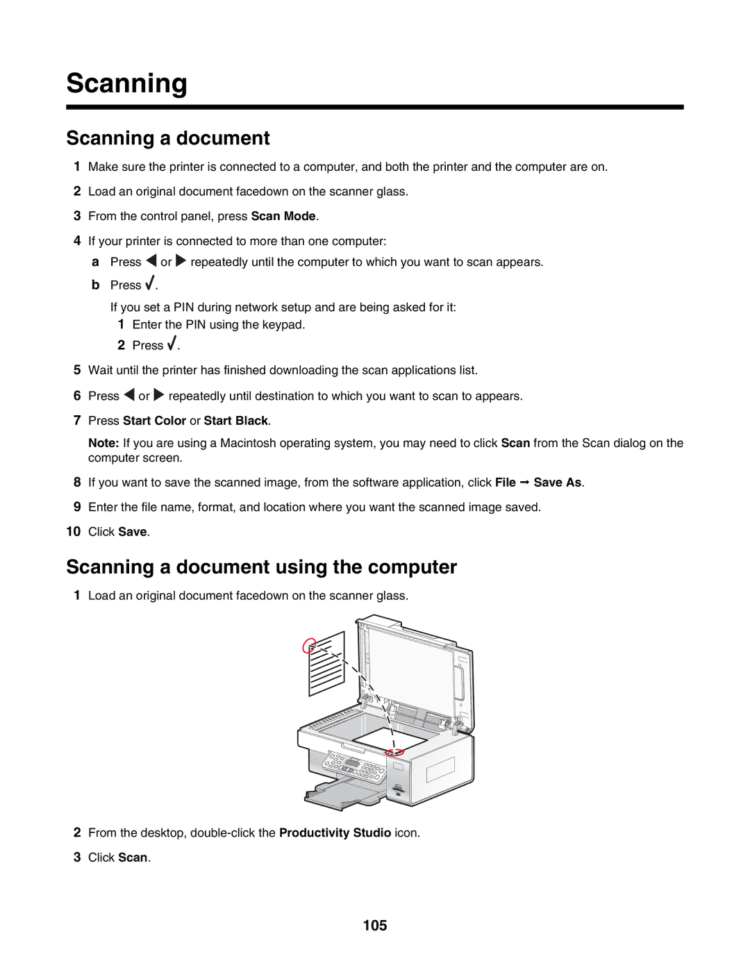 Lexmark 6500 Series manual Scanning a document using the computer, 105 