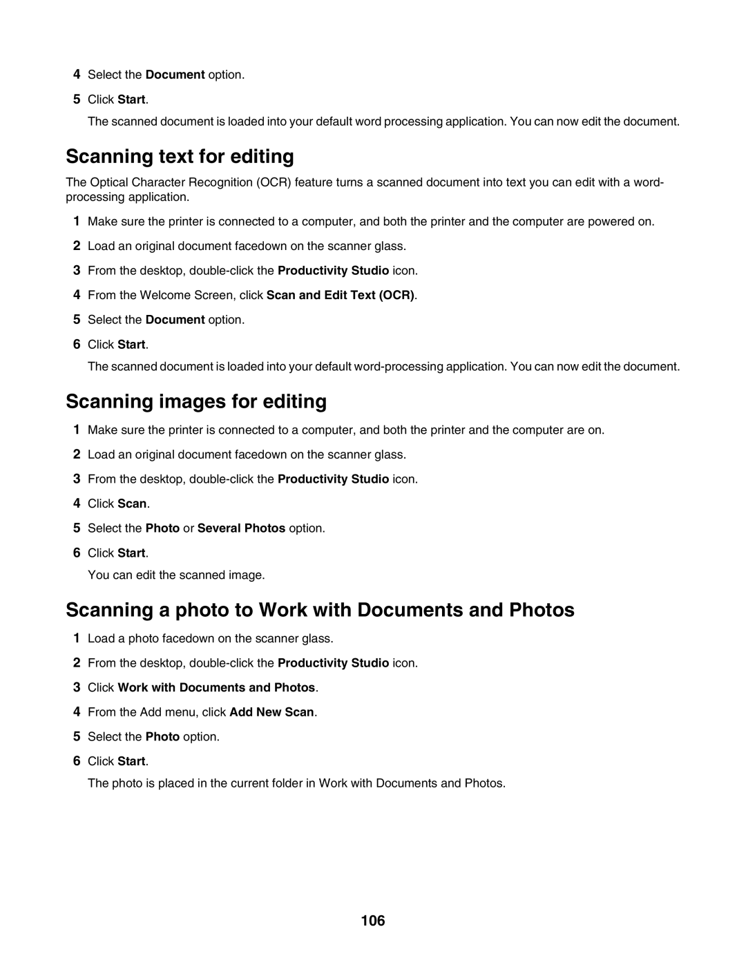 Lexmark 6500 Series manual Scanning text for editing, Scanning images for editing, 106 