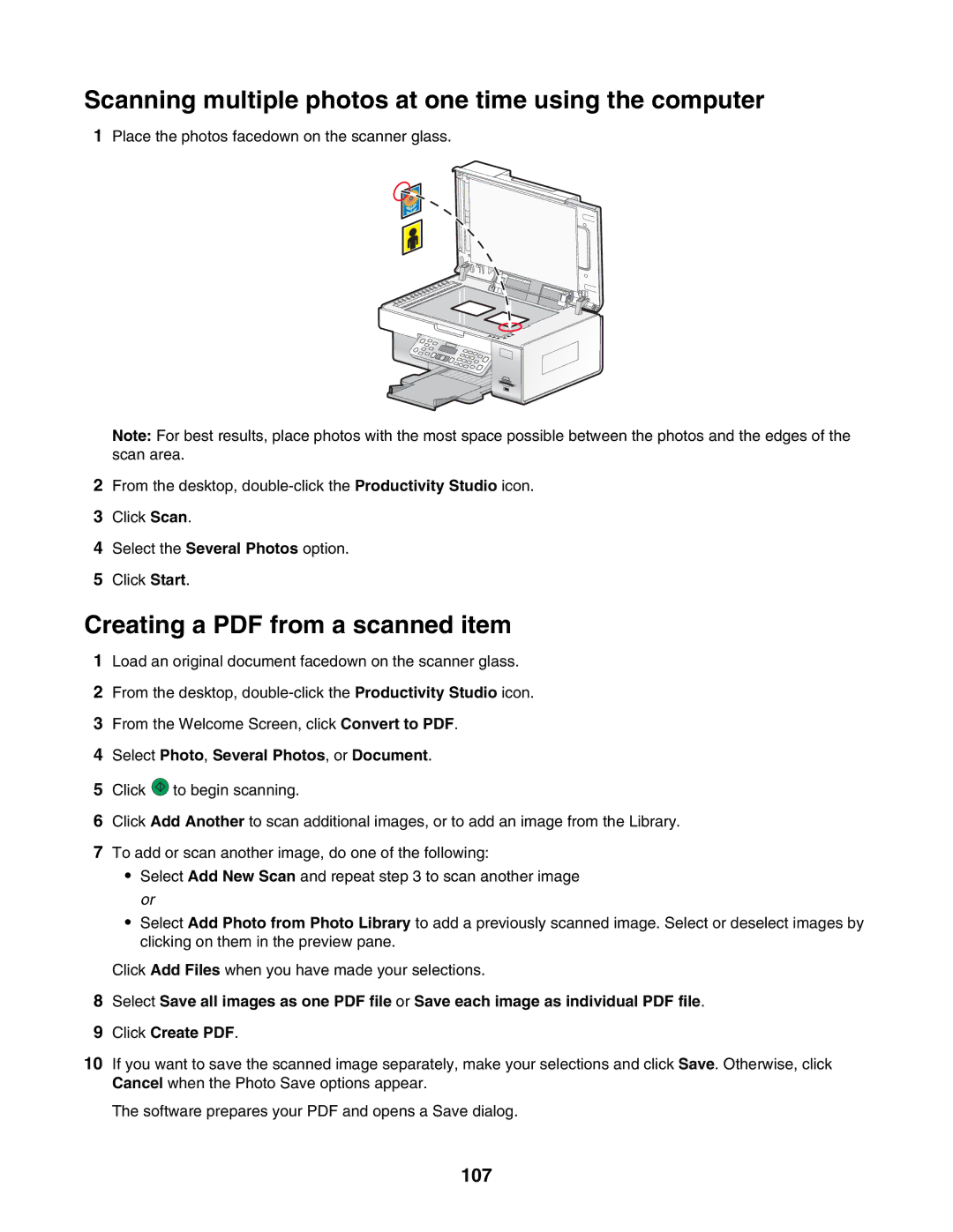 Lexmark 6500 Series manual Scanning multiple photos at one time using the computer, 107 