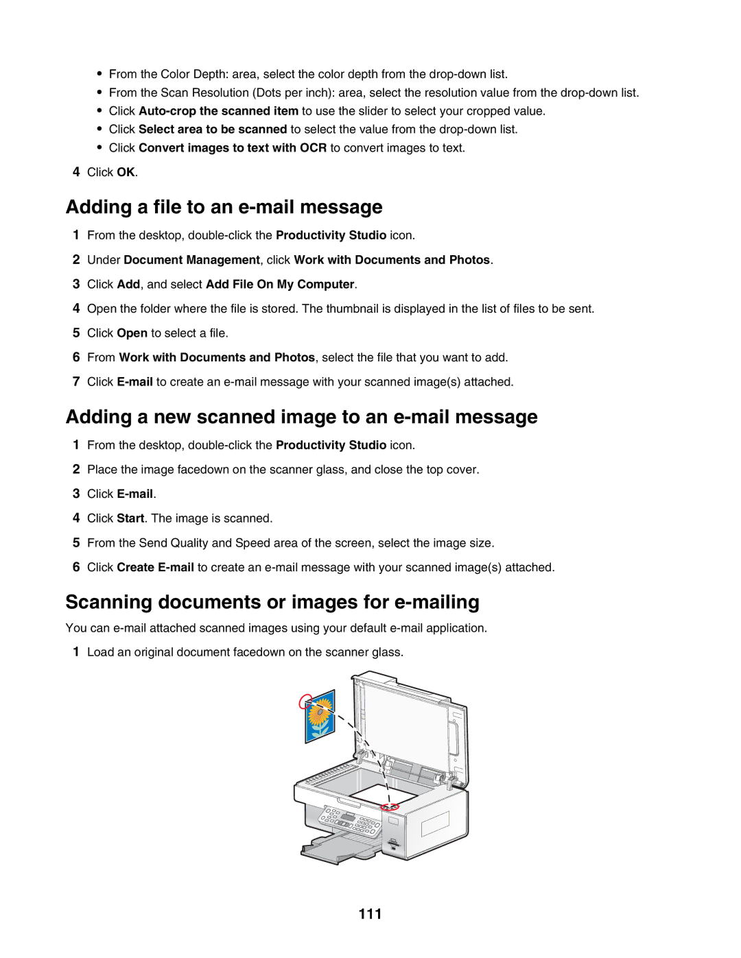 Lexmark 6500 Series manual Adding a file to an e-mail message, Adding a new scanned image to an e-mail message, 111 