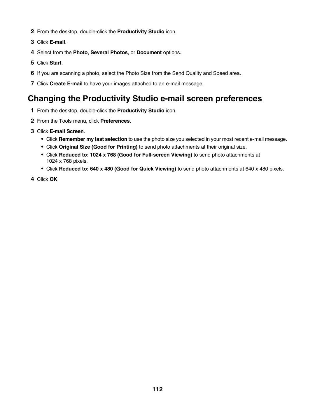 Lexmark 6500 Series manual Changing the Productivity Studio e-mail screen preferences, 112, Click E-mail Screen 