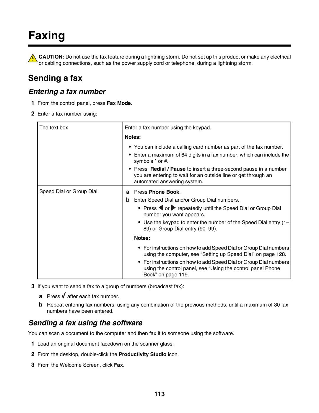 Lexmark 6500 Series manual Faxing, Entering a fax number, Sending a fax using the software, 113 