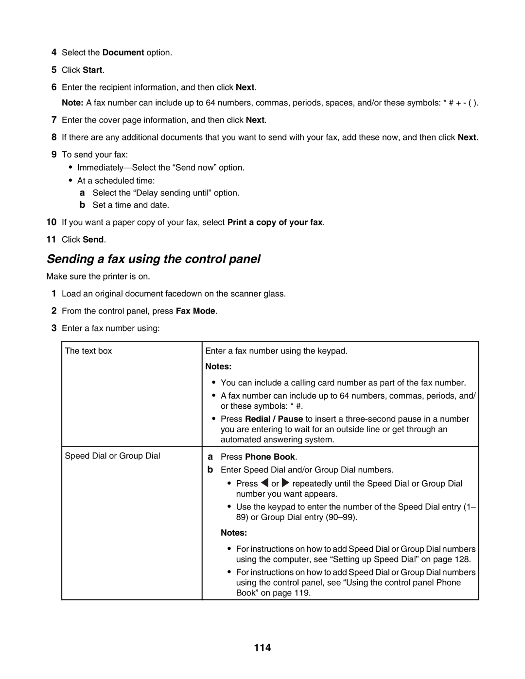 Lexmark 6500 Series manual Sending a fax using the control panel, 114 