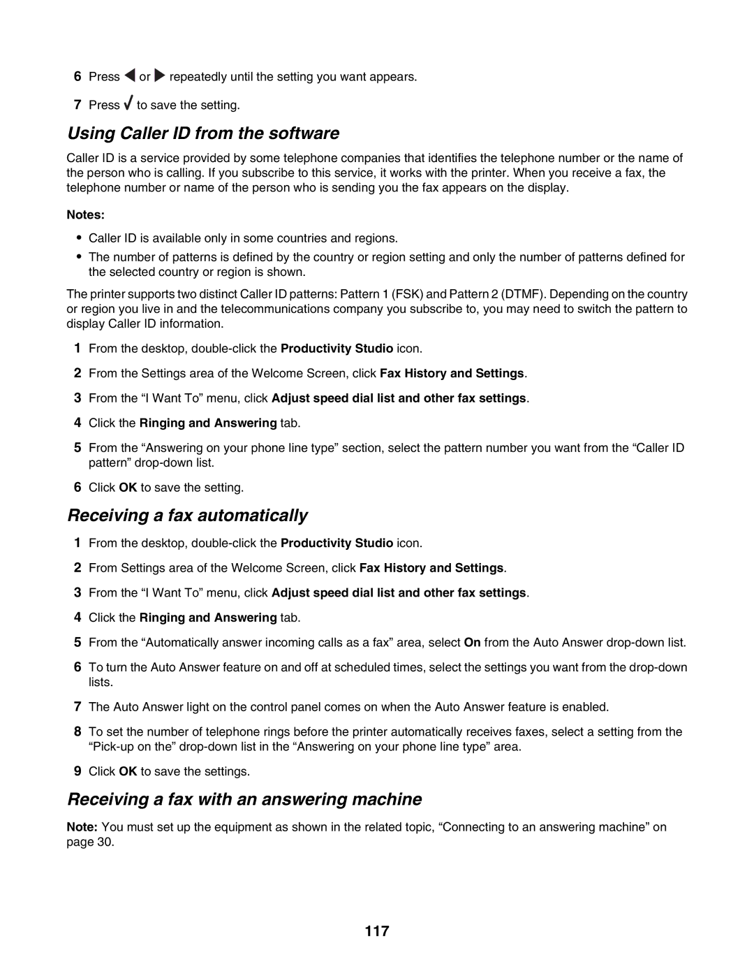 Lexmark 6500 Series manual Using Caller ID from the software, Receiving a fax automatically, 117 