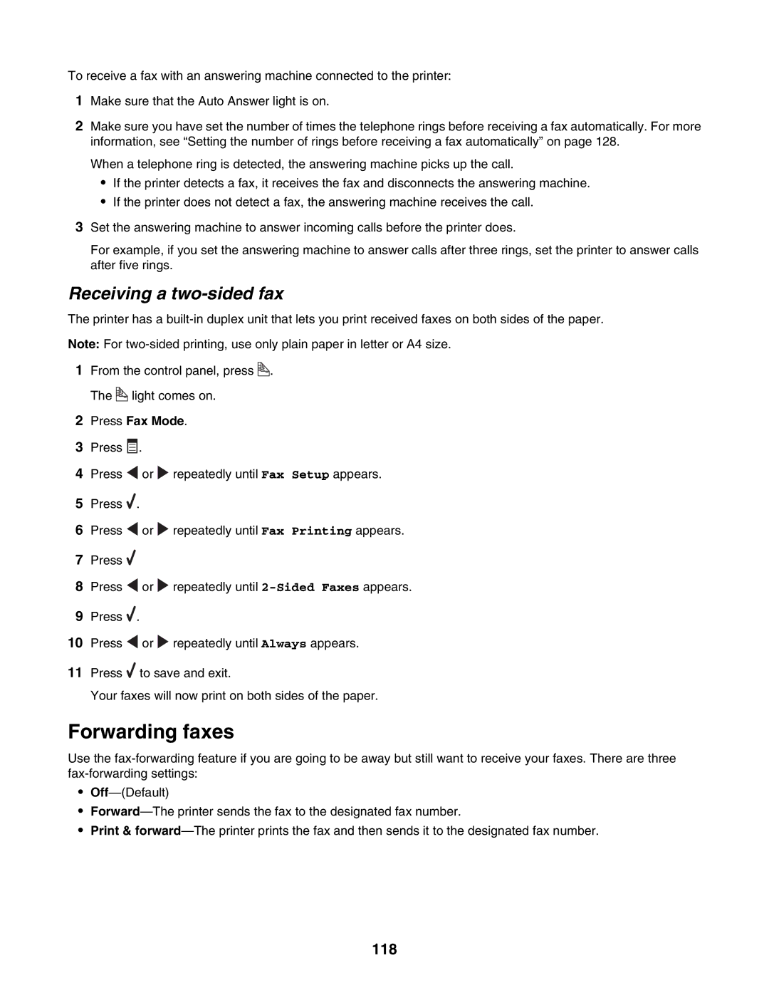 Lexmark 6500 Series manual Forwarding faxes, Receiving a two-sided fax, 118, Press Fax Mode 