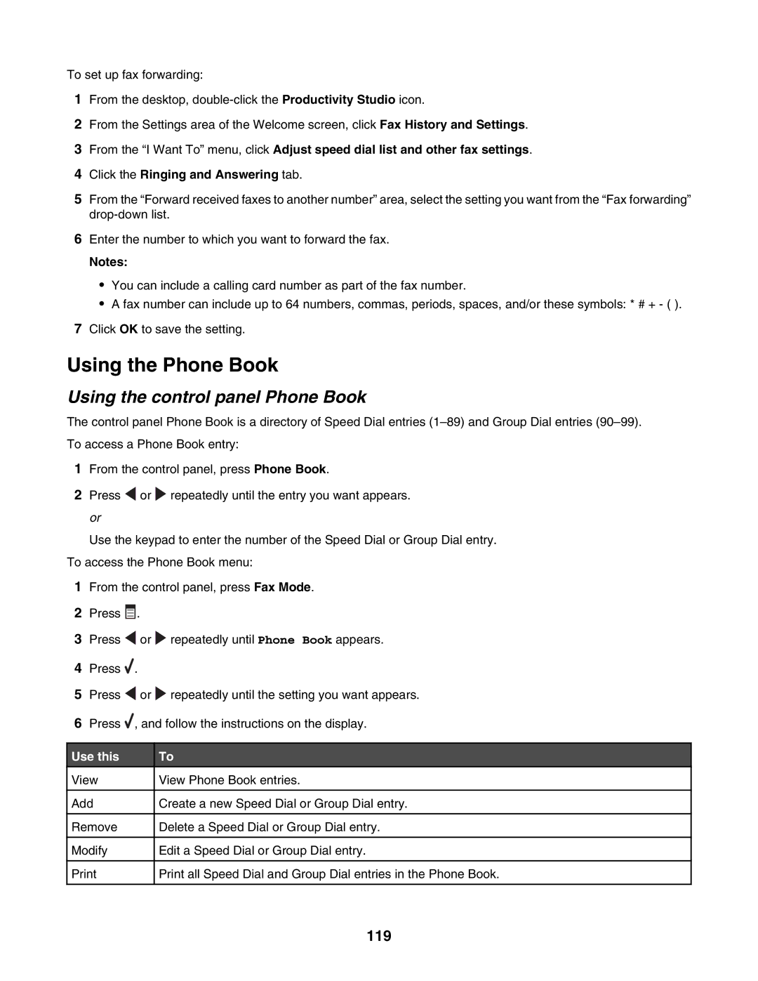 Lexmark 6500 Series manual Using the Phone Book, Using the control panel Phone Book, 119 