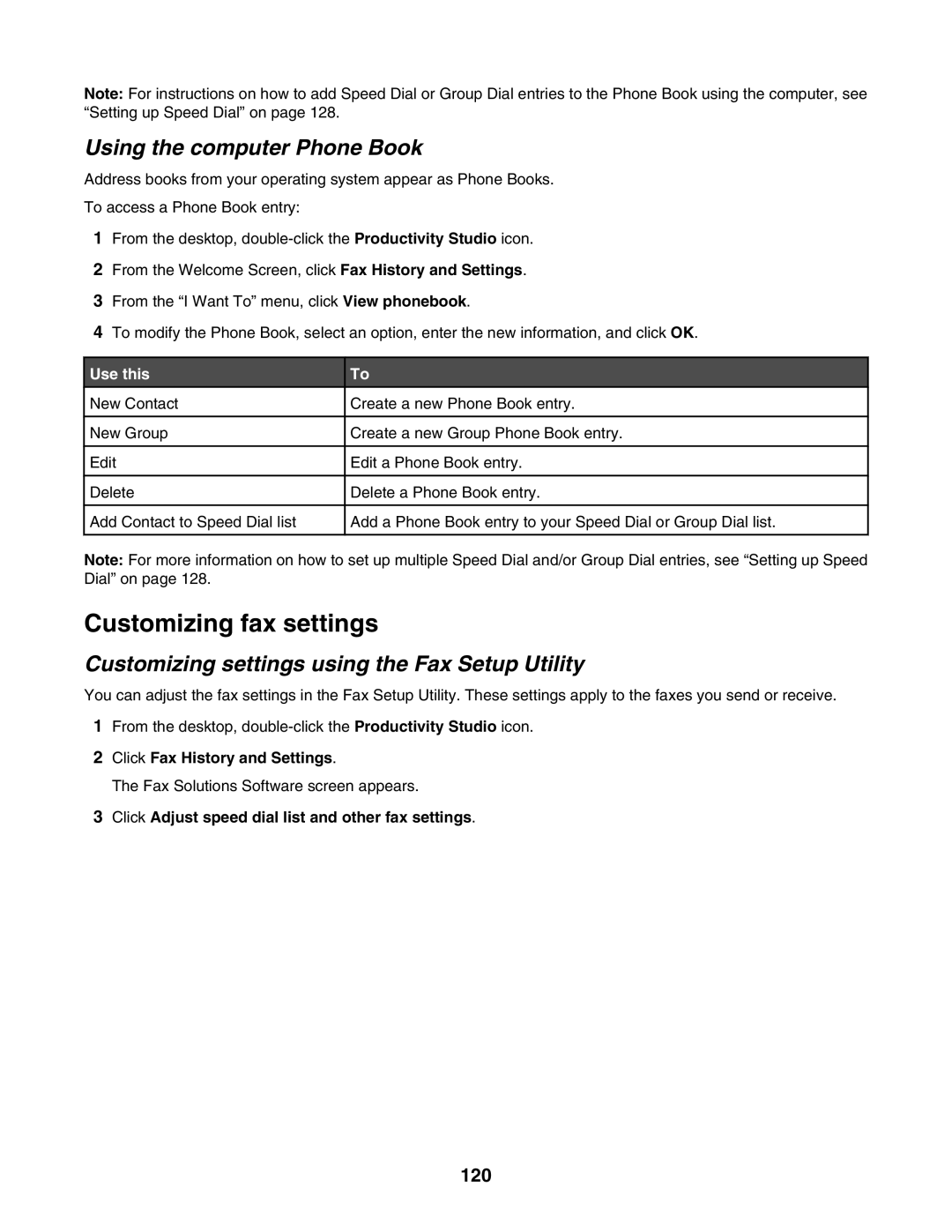 Lexmark 6500 Series manual Customizing fax settings, Using the computer Phone Book, 120 